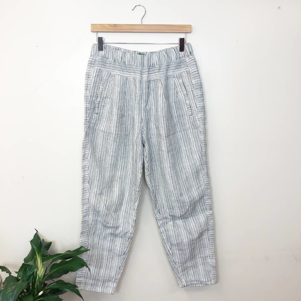 ANTHROPOLOGIE | Women's Small Black White Striped Linen Pullon Pants Tapered Leg
